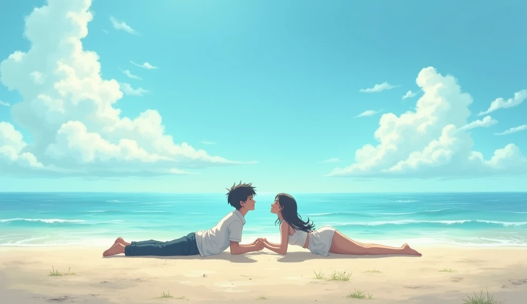 "A scene of the couple lying back on the sand, hand in hand, watching the clouds drift by in the bright blue sky. The ocean extends endlessly beside them, symbolizing the depth and freedom of their love."