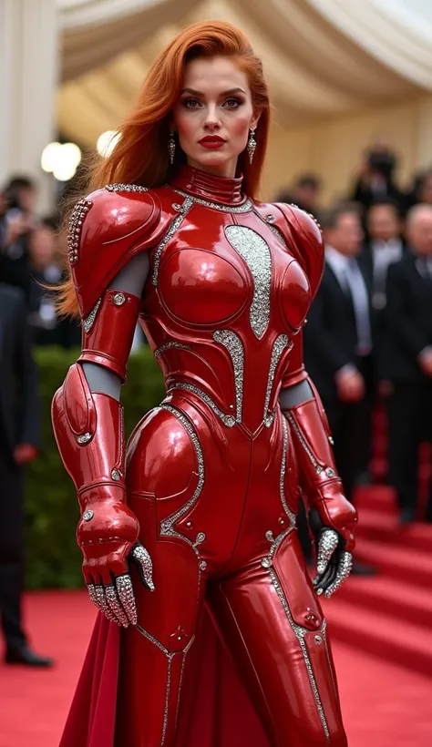 style by Vogue photo, fashion production, hollywood quvatily film, red hair actress at the met gala wearing an iron man crystal exoskeleton armor of cat, fully functional suit, biomorphic clothes design, mecha accent parts, art is fashion, reborn in the ga...