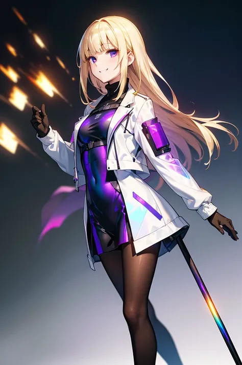 Black background with spotlight,  wearing black tights,,(( table top)),(( perfect face)), 1 girl. White and Purple Dress , white jacket,With a walking stick,armsを持っている,The flames flicker,blonde, purple eyes,smile,Beauty,(( Holographic )),(masterpiece:1.2, ...