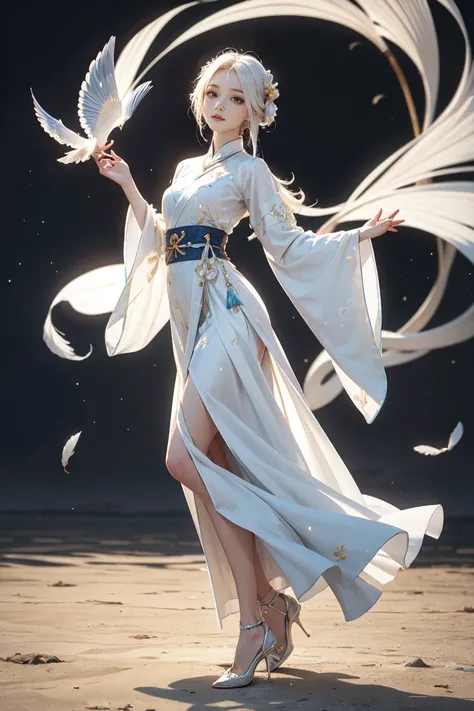 1Chinese woman, Yellow-white skin ,  Pure White Hair,  glowing eyes ,  Hanfu Dress , White suit, Krabi, การเต้นรำKrabi, high-heels,  feathers fluttering in the air, Dynamic background , spell, 3D Realistic Images, Dark tone,  blue waters ,  dynamic waterli...