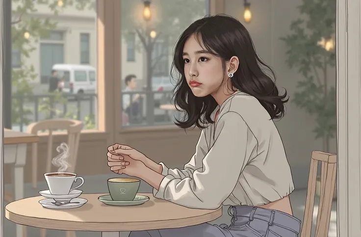 Realistic photo Korean girl sitting in cafe