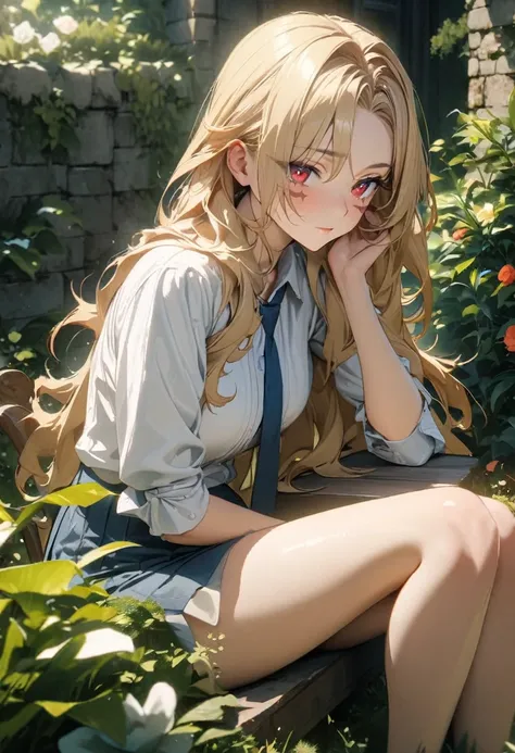 (Alone), Blonde, bangs, Mane hair ,  long hair in the castle,  matted hair ,  black scar on the left side of the eye sitting in the garden,  facial scar sitting in the garden expressive hair, mature,(25 years old),  red eyes, ((female)), beautiful 소녀, blue...