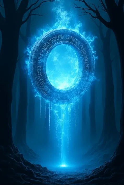 A luminous portal,  floating in the air , en un bosque oscuro,  with strange inscriptions ,  expels blue energy , black and white 