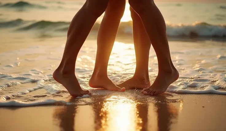 "A close-up of the couple’s feet on the sand as they dance to the reggae beat, the waves gently washing over their toes. The light reflects on the water, capturing the beauty of the moment."