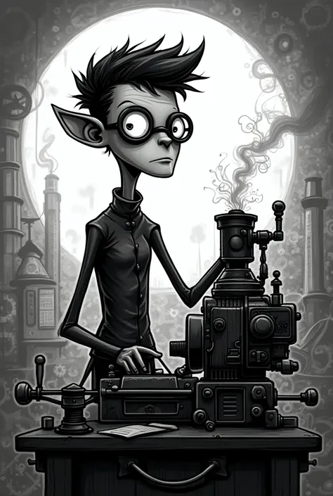 Black and white steampunk logo where he would have a character tall and thin glasses with an object creation machine 