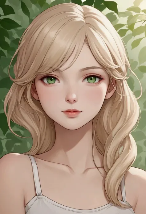 Create a unique manga-style character illustration of a young woman based on the following description: She has light blonde hair, slightly wavy with a few strands framing her face. Her eyes are large, with a gentle expression, and appear to be a light col...