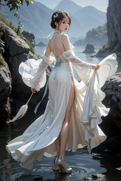 1chinese woman, yellow-white skin ,  pure white hair,  glowing eyes ,  hanfu dress , white suit, krabi, การเต้นรำkrabi, high-hee...