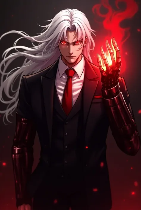 A strong man in the color green ,  with white hair and red eyes shining ,  in a black suit and red tie , with his orange copper arm facing upwards holding a red light 
with technological red details,  and his normal right arm

Anime style