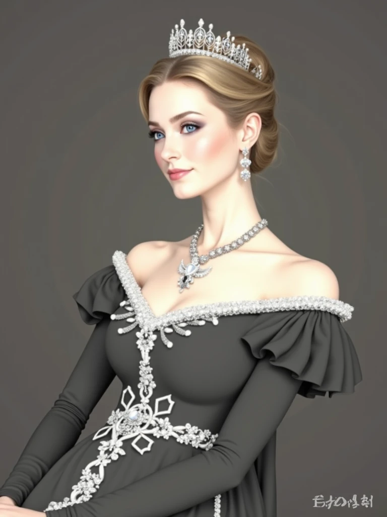 A fair-skinned young woman with blonde hair, blue eyes, long hair tied up, wearing a black dress, decorated with white diamonds, is sitting. Empress, powerful face, black background.