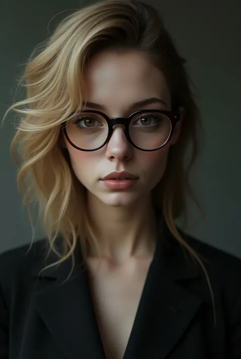  A white Brazilian woman , dark brown eyes and droopy , Tall and slender, sharp face, big nose and small, thin lips , round glasses,  huge loose hair with blonde and brown hair half straight wavy 