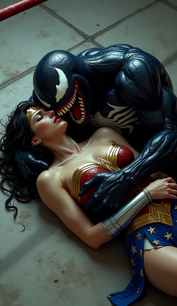 Tạo ra một cảnh Wonder Woman cởi đồ, cô ấy ngủ thiếp đi trong vòng tay của Venom, Venom có ​​biểu cảm đe dọa, NHỮNG XÚC TU CỦA VENOM BÁM VÀO NGƯỜI Wonder Woman, KHUNG CẢNH TRÊN SÀN ĐẤU BOXING
