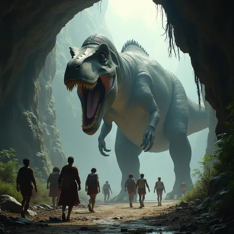 Suddenly they see a huge Tyrannosaurus Rex standing near the cave. The ren try to sneak out through the other side of the cave.