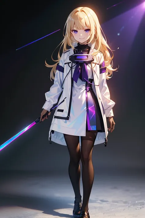 Black background with spotlight,  wearing black tights,,(( table top)),(( perfect face)), 1 girl. White and Purple Dress , white jacket,With a walking stick,armsを持っている,The flames flicker,blonde, purple eyes,smile,Beauty,(( Holographic )),(masterpiece:1.2, ...