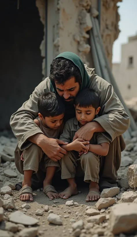 This compelling image shows a close-up of a very frightened Palestinian family on their knees in a destroyed house.  contrasts with the melancholic behavior of the Palestinian people.
