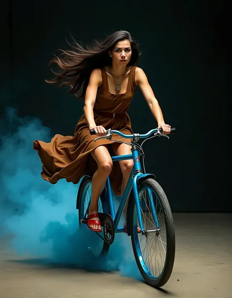 Une superbe photo dune jeune femme portant une robe marron long et un collier sur la poitrine. Avec ses longs cheveux noirs déployés en lair, elle roule sur un vélo bleu et porte des sandales en cuir rouge. Le vélo se déplace à une vitesse énorme et, sur u...