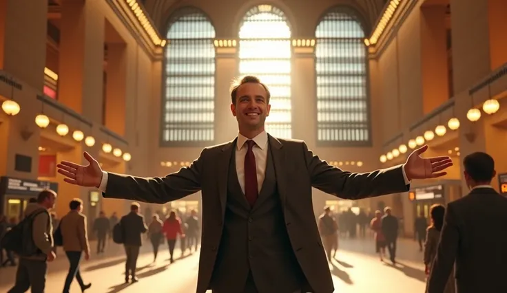 "A man in the foreground, standing in a bustling train station, waiting with a gentle smile and open arms. His expression is warm and welcoming, filled with relief and happiness, as he looks at someone approaching. The background shows a lively station wit...