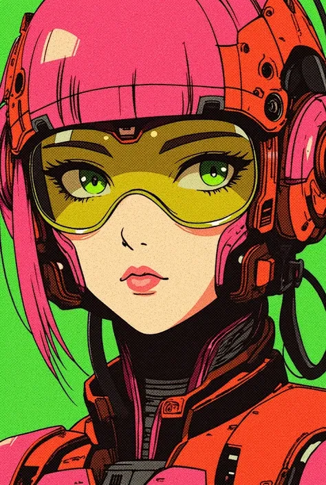 (( best quality )), (( masterpiece )), ( detailed),   to present the perfect face of a Japanese girl in cyberpunk mecha, Neon pink body ,  neon pink hair ,  big neon lime green eyes , (( monochromatic neon pink ,  orange and lime green color scheme )),  su...