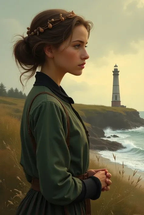 A wise young woman telling the story of the lighthouse that can be seen more in the background