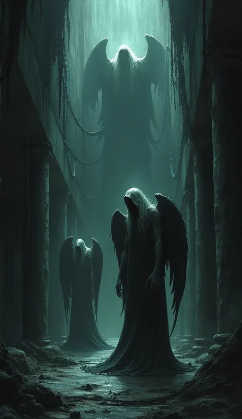 Image of Tatar ,  a dark and sinister place ,  used as a prison for fallen angels .  It represents a closed and deep space ,  with fallen angelic figures or in chains,  as a dimension of punishment ."