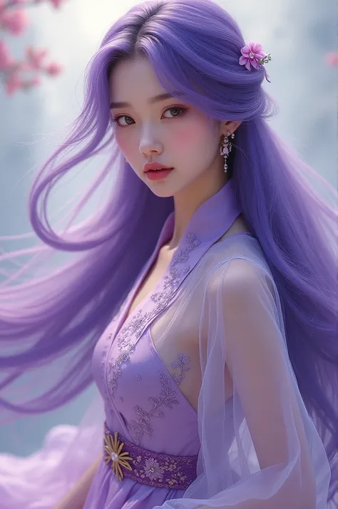 Korean girl with long purple hair wearing long Vietnamese dress 