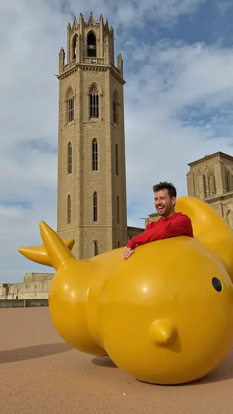 Create a hyper-realistic, cinematic image of a man with a slightly oversized, caricatured head and a joyful, exaggerated expression, riding a compact, cartoonish yellow cloud that’s smaller than his body, inspired by the iconic flying cloud from Dragon Bal...