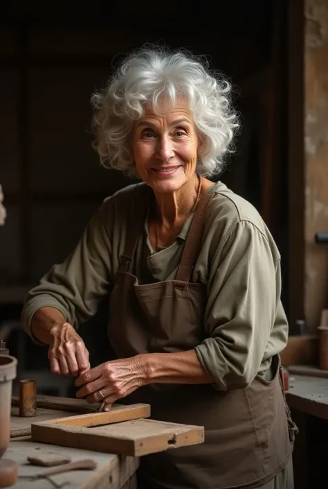 Woman 50 years old with curly white hair doing manual activities. 