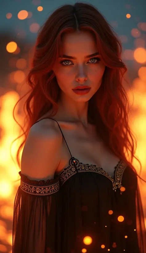 Beautiful young woman standing in the middle of the fire with fantasy colors, vibrant and attractive colors reflecting her brilliance, long wavy dark wine red hair, intense and bright electric cyan blue eyes of vibrant fantasy, full wine colored lips, dres...