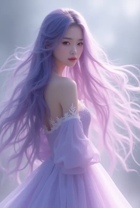 Korean girl with long purple hair wearing long dress