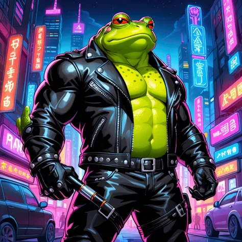 An extremely badass buff, muscular anthropomorphic toad wearing an insanely cool black leather biker jacket open, black leather biker gloves, black leather biker pants, in a neon lit futuristic city background, full color Brush pen drawing