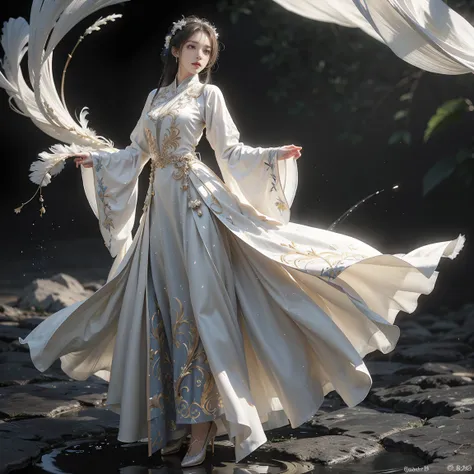 1Chinese woman, Yellow-white skin ,  Pure White Hair,  glowing eyes ,  Hanfu Dress , White suit, Krabi, การเต้นรำKrabi, high-heels, Lots of feathers ,  floating in the air, Dynamic background , spell, 3D Realistic Images, Dark tone,  blue waters ,  dynamic...