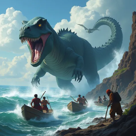 As the ren begin to leave the island by boat, a giant marine dinosaur chases them. They try to escape by boat.