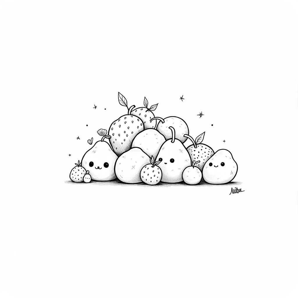 Cute fruits drawing in black and white