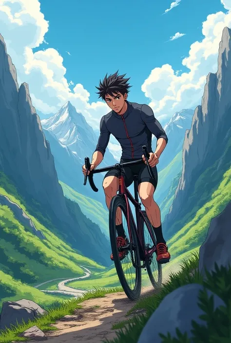 Take a picture of a 25 year old man riding a bike in the mountains anime photos