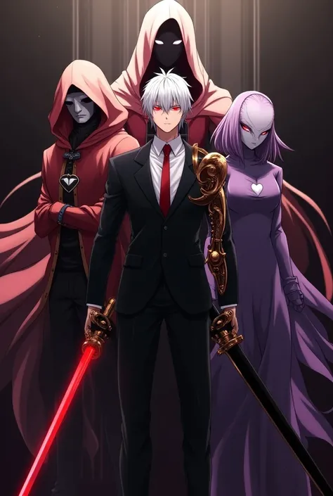 A strong white man ,  with white hair and red eyes shining ,  in a black suit and red tie ,  with his orange copper arm facing upwards holding a red light 
with technological red details, And his normal right arm .


 Behind him is a character wearing a cl...