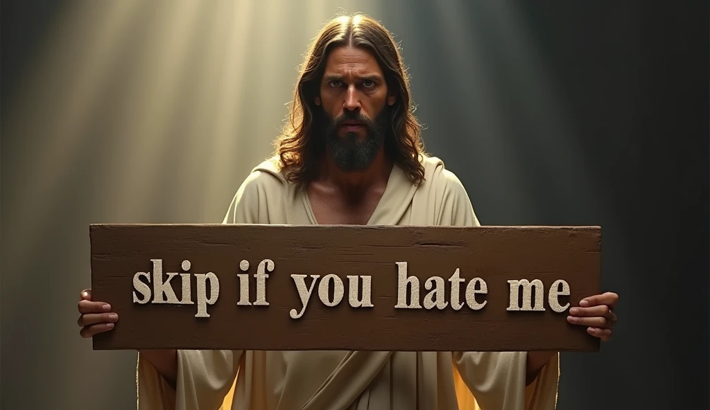 "A sorrowful Jesus with teary eyes, holding a large, wooden board with both hands. The board reads in big, bold letters: SKIP IF YOU HATE ME. Jesus is looking directly at the viewer with a pained, compassionate expression, conveying sadness and empathy. Th...