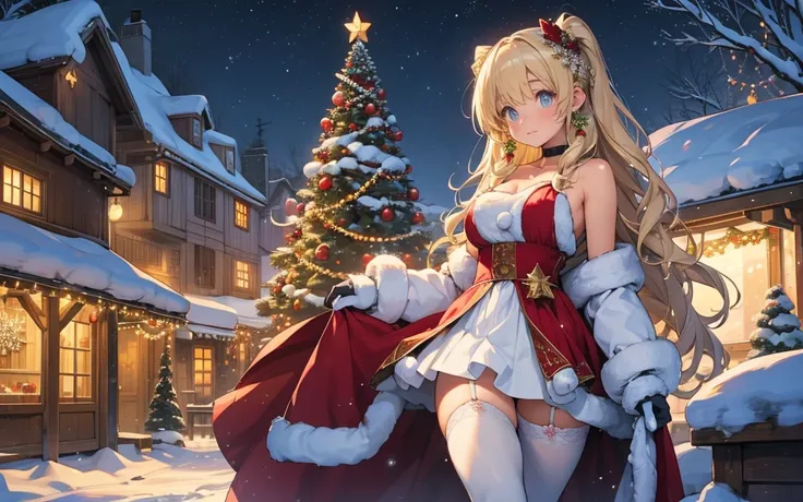 In a charming, snow-covered village of log cabins, an anime cute young woman with extremely large boobs strolls through the softly falling snow, her beauty striking against the winter wonderland around her. She has wavy blonde hair with a pink gradient. Sh...