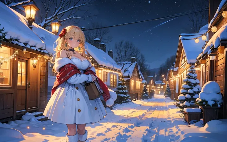 In a charming, snow-covered village of log cabins, an anime cute young woman with extremely large boobs strolls through the softly falling snow, her beauty striking against the winter wonderland around her. She has wavy blonde hair with a pink gradient. Sh...