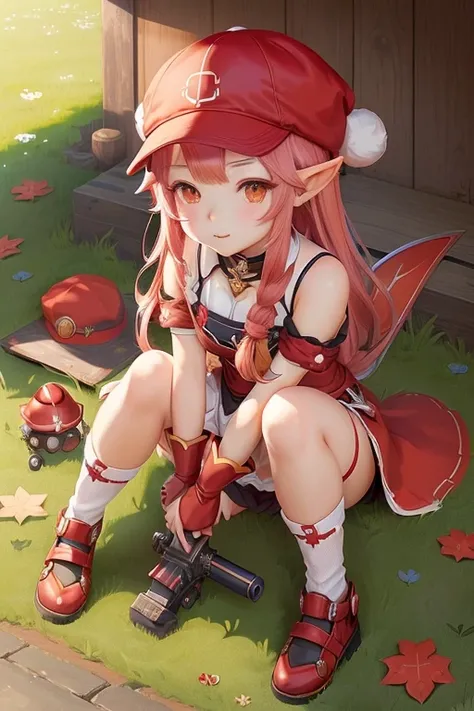 anime girl with a red hat and a red cap sitting on the ground, , lalafell, elf girl, holding a pudica pose, maplestory mouse, loli, cute horns, ragnarok online, insect trainer girl, fluffy chest, official artwork, genshin, small loli girl, girl design lush...