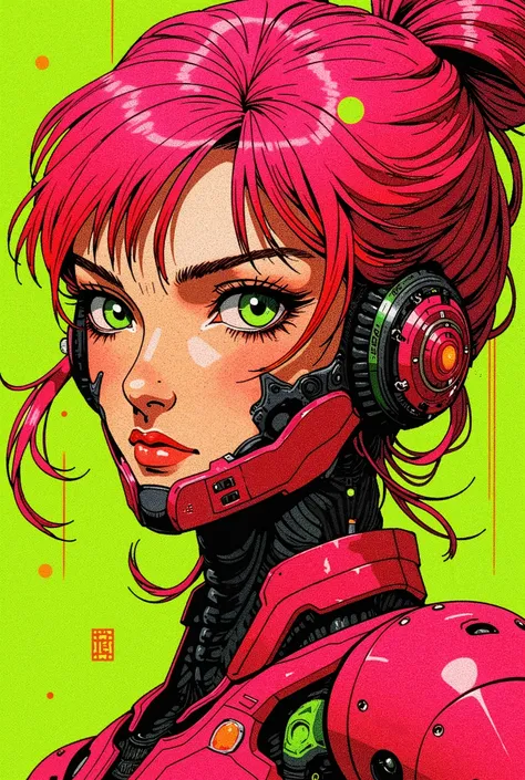 (( best quality )), (( masterpiece )), ( detailed),   to present the perfect face of a Japanese girl in cyberpunk mecha, Neon pink body ,  neon pink hair ,  big neon lime green eyes , (( monochromatic neon pink ,  orange and lime green color scheme )),  su...