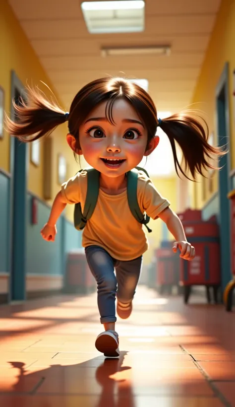 Pixar style, , The girl is running in the corridor of the school.