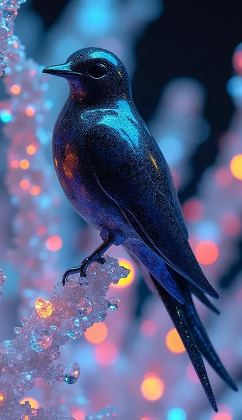 Highly detailed shot of an (((iridescence))) crystal sculpture in the shape of a black swallow bird on a crystal tree branch. vibrant background, full motion effects, diagonal view, crystal particles glittering, back light, ultra sharp focus, high speed sh...