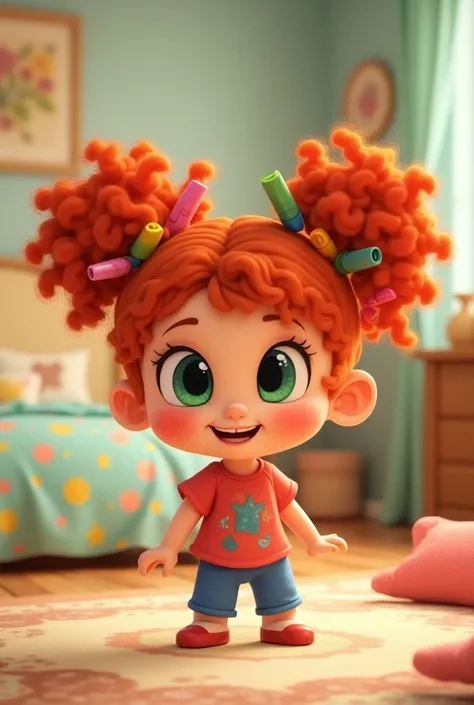 Disney cartoon, 3-year-old girl with curlers and green eyes