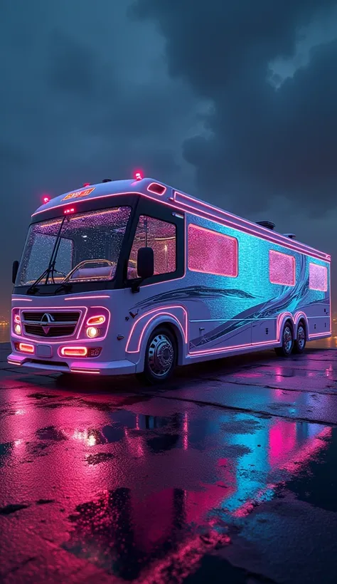 ((amazing quality, award winning, superior quality, masterpiece, intricately detailed, extremely detailed, photo realistic, ultra realistic, 32K, film grain)), hi-tech futuristic RV motorhome made from aerospace grade materials, neon & laser lit, holograph...