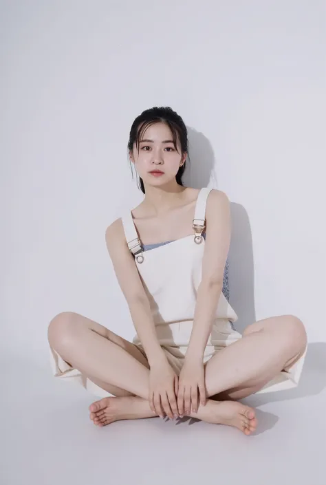 Full body shot from the front、Wear off-the-shoulder mini one-piece pajamas, bend your knees, spread your legs, take a cross-legged pose, and sit while looking at me, Slender bare legs 、smile、The background is a monotone 

