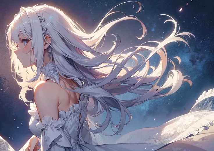 A side profile shot of a beautiful girl with flowing white hair, softly illuminated by a magical glow. The lighting enhances her calm expression, and the delicate ruffles of her dress add to the elegant, ethereal ambiance