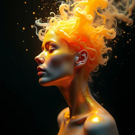 Estilo Modelshoot, Fantastic gold and black beams, tons de dourado, laranja e pastel, (papel de parede CG unity 8k extremamente detalhado), chaotic storm of intricate liquid smoke in the head, beleza estilizada retrato abstrato de corpo inteiro, pele molha...