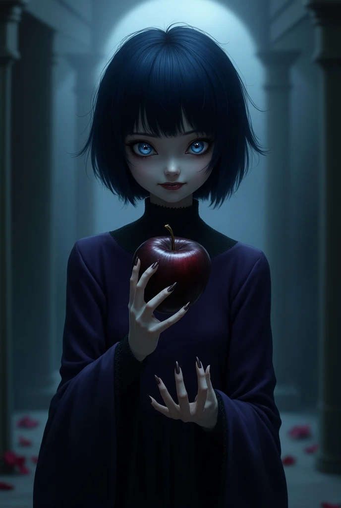 An evil girl wears a dark purple dress, has a short dark blue hair, big blue eyes and holds a black apple in her hands, an evil smile and a scary room background