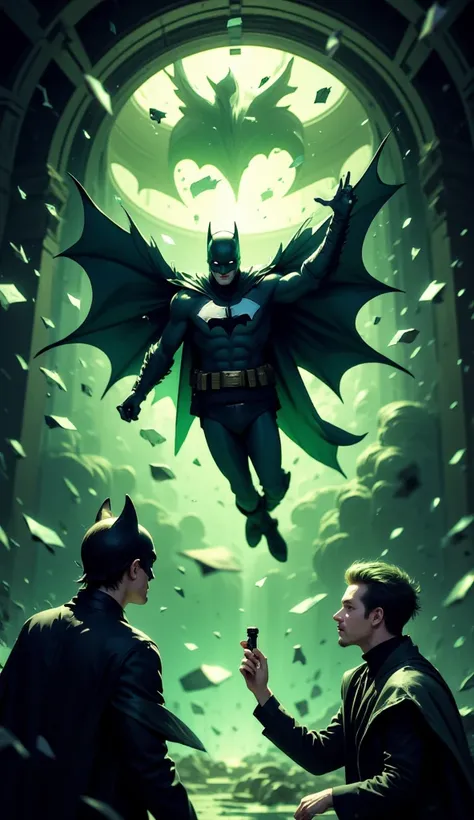 "Batman shattering the banks skylight in a dramatic entry, descending amidst shards of glass, his cape spread wide like dark wings. The moonlight casts his figure in silhouette as he drops into the chaos below. Joker looks up in gleeful surprise, holding t...