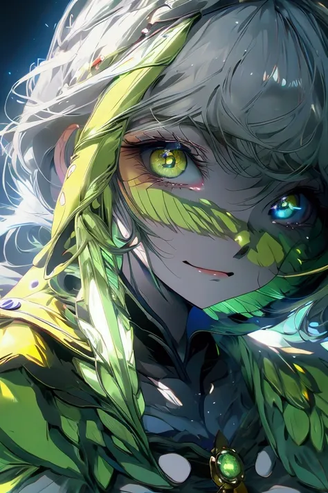 anime boy with yellow eyes and a green jacket, his eyes glowing yellow, young anime man, cute round green slanted eyes, cute nat...