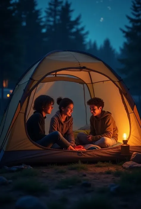 Three teenagers in a night tent 